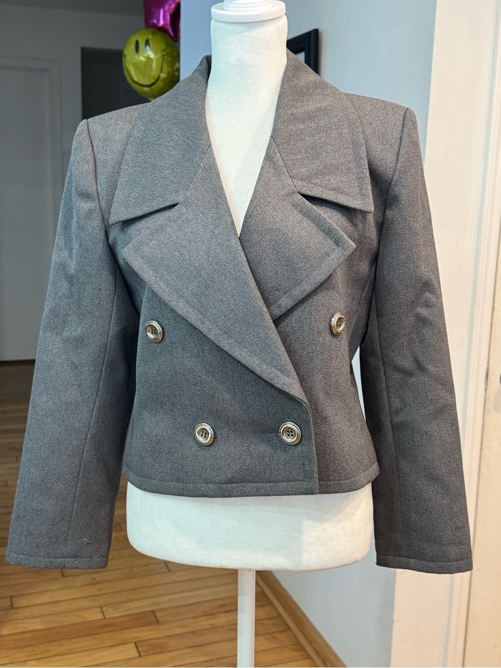 Yves Saint Laurent Cropped Double-Breasted Gray Blazer with Gold Buttons
